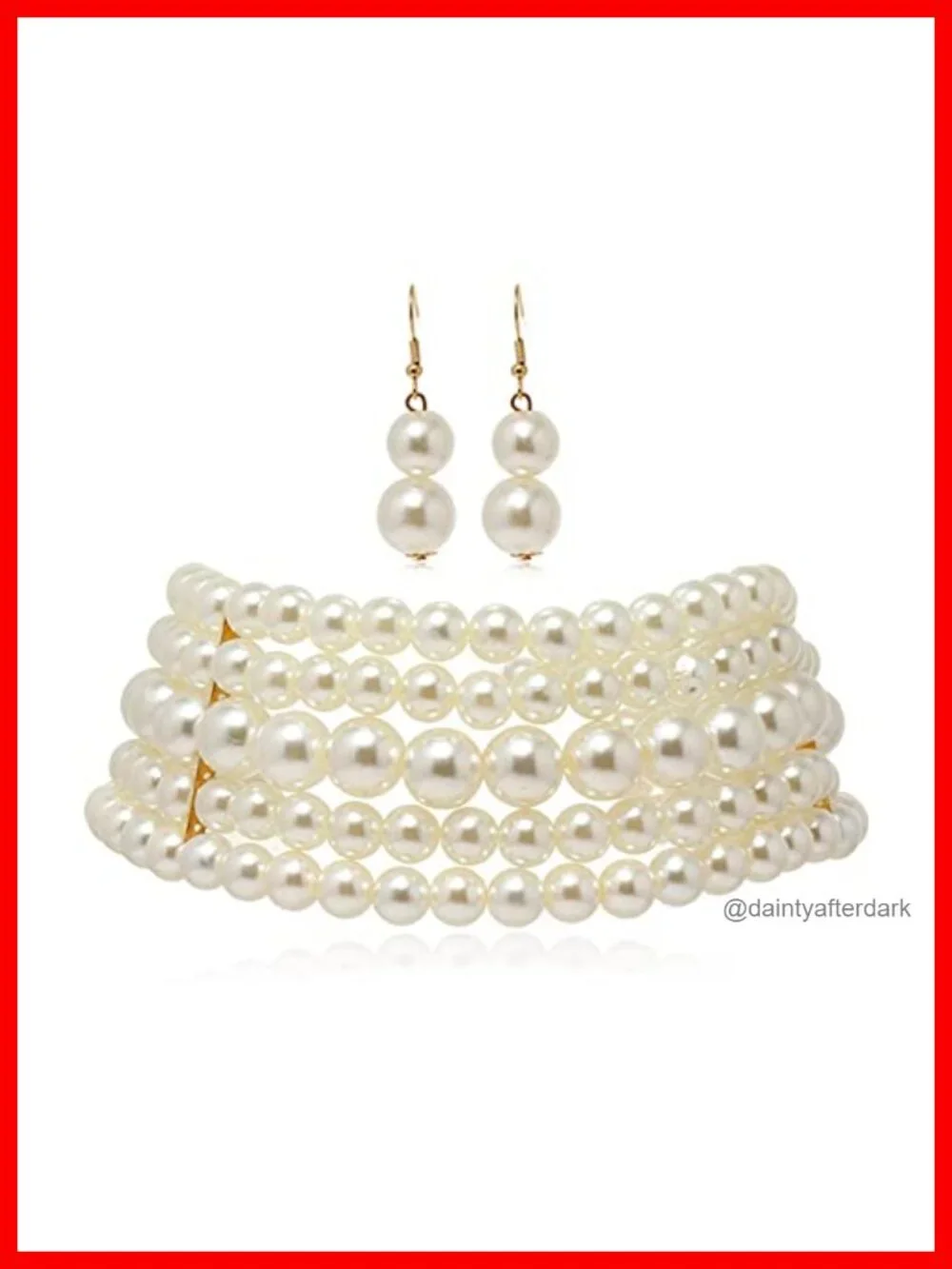 Multi-Layer Pearl Choker Necklace Earrings Set Lobster Clasp 16in